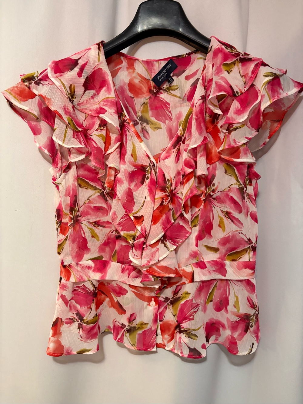 Jones New York Pink Floral Ruffle V-Neck Blouse